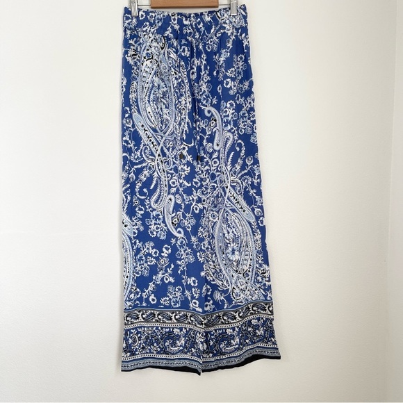 Rose and Rhyme Blue and White Boho Paisley Wide Leg Flowy Pants Size S - Picture 1 of 9